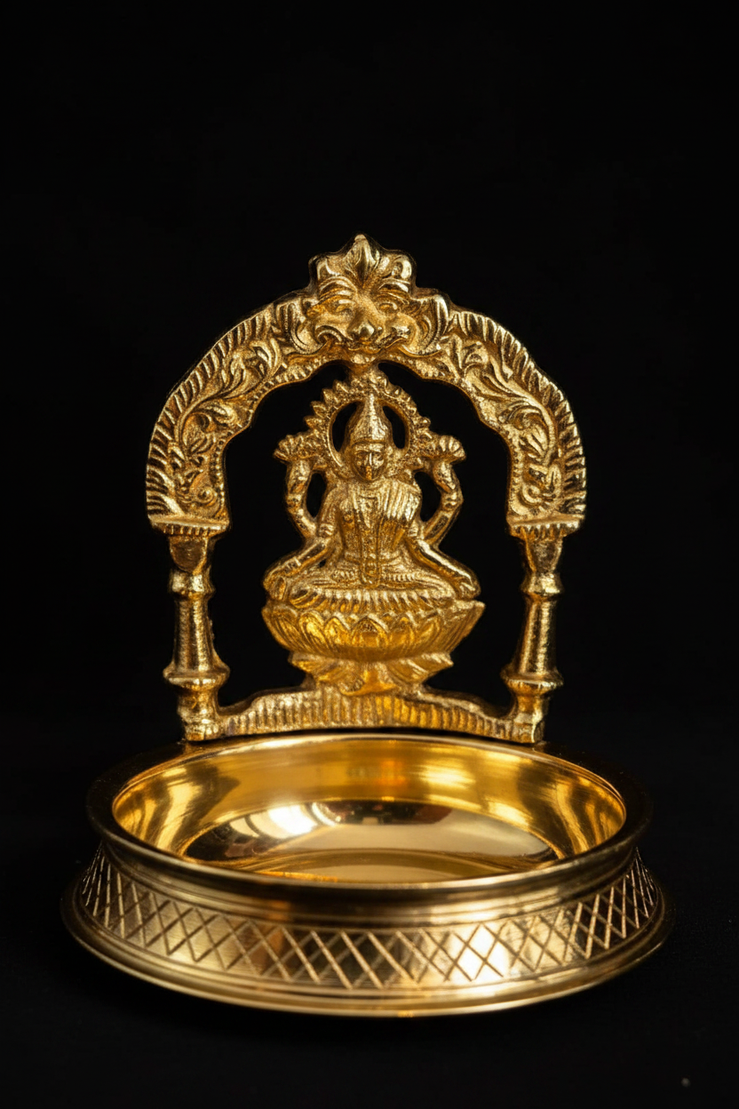 Lakshmi diya on black background with dramatic lighting