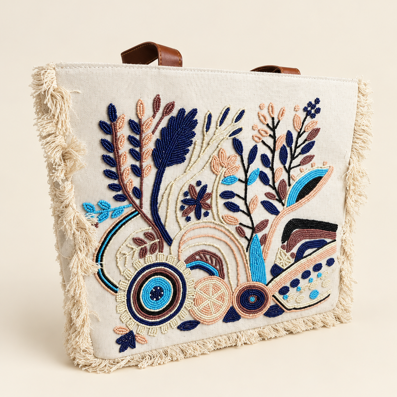 White Reef embroidered tote front with blue and neutral botanical beadwork, cream fringe and brown faux-leather handles