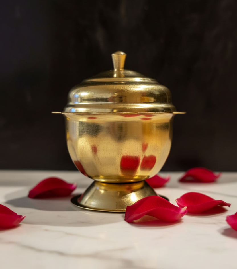 Kumkuma Bharani brass box on white marble with rose petals