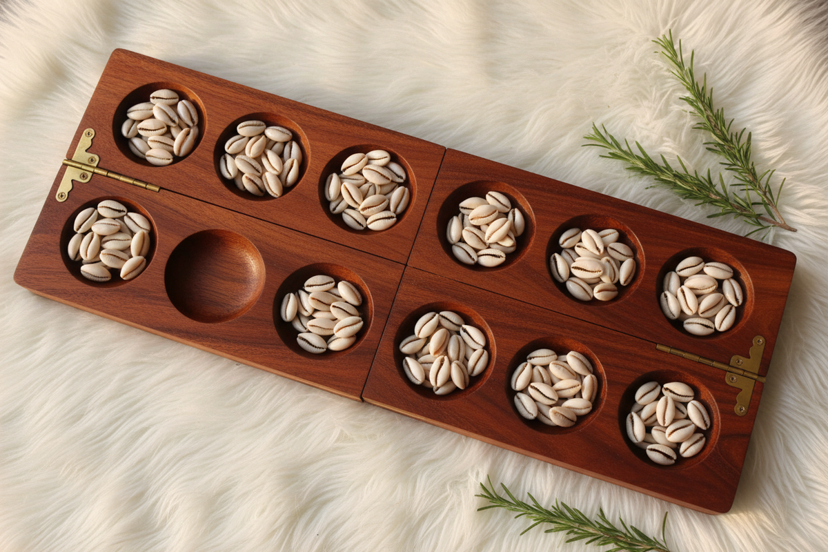 Pallanguzhi large board open with cowrie shells