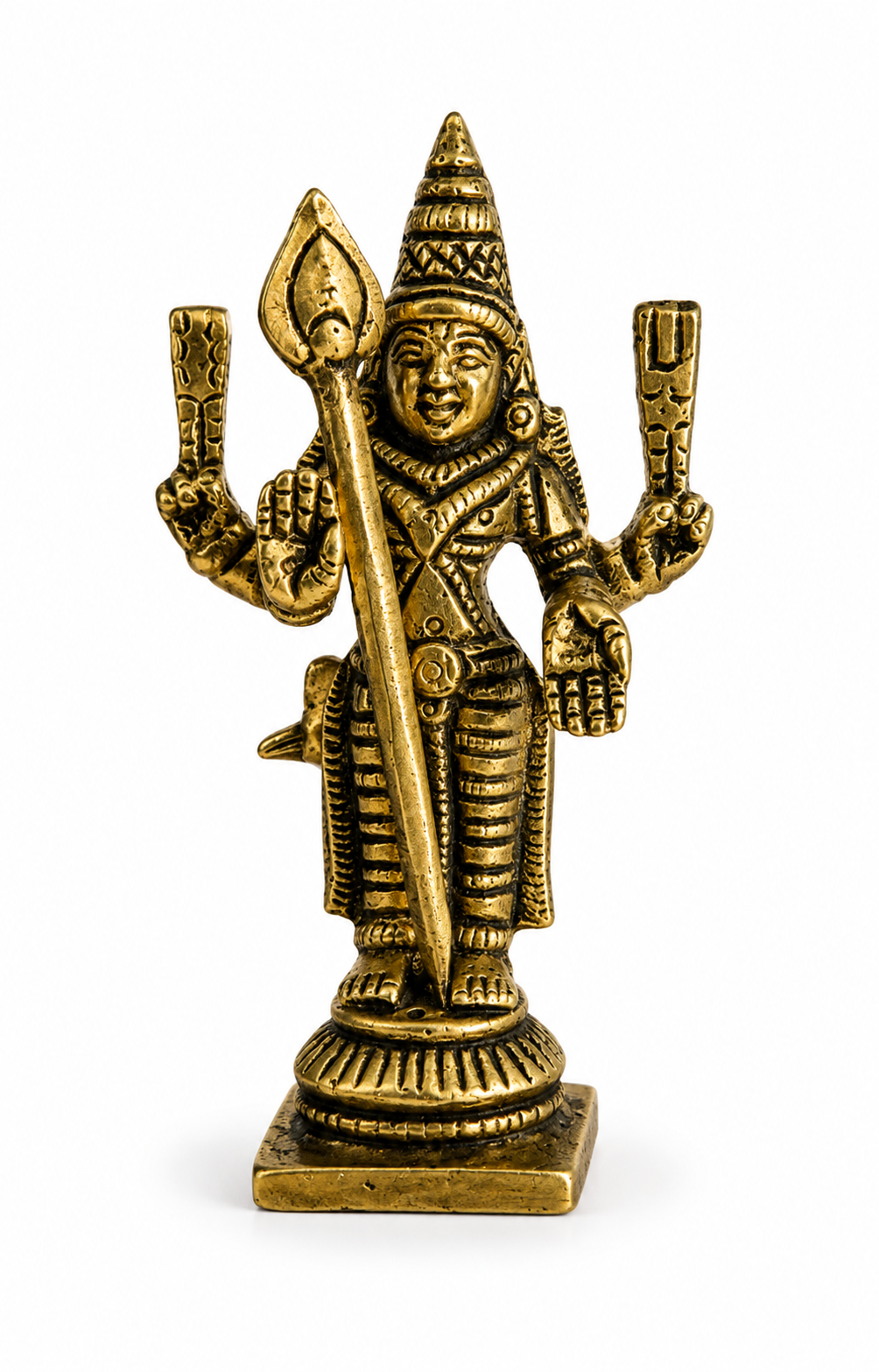 Lord Murugan Brass Idol – Standing Vel-Bearing Deity with Four Arms