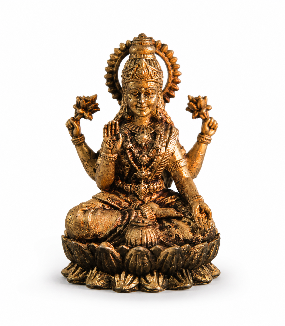 Golden Lakshmi Statue – Handcrafted Brass Idol on Lotus Throne