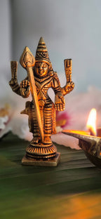 Lord Murugan Brass Idol – Standing Vel-Bearing Deity with Four Arms