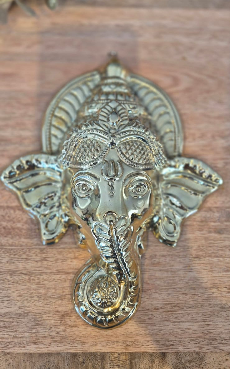 Ganesha Mukham small brass face wall plaque front view