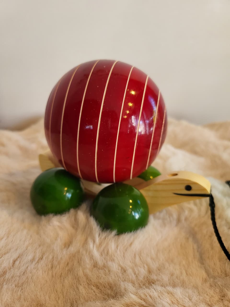 Channapatna wooden snail toy front view showing cream head and green legs