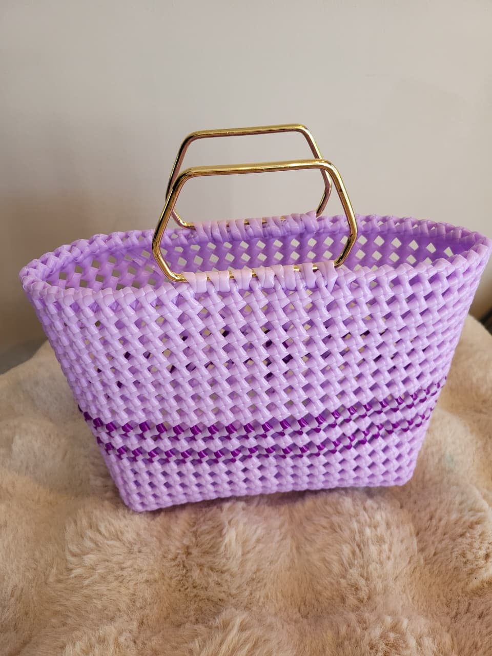 Handwoven lavender basket bag open top view showing interior