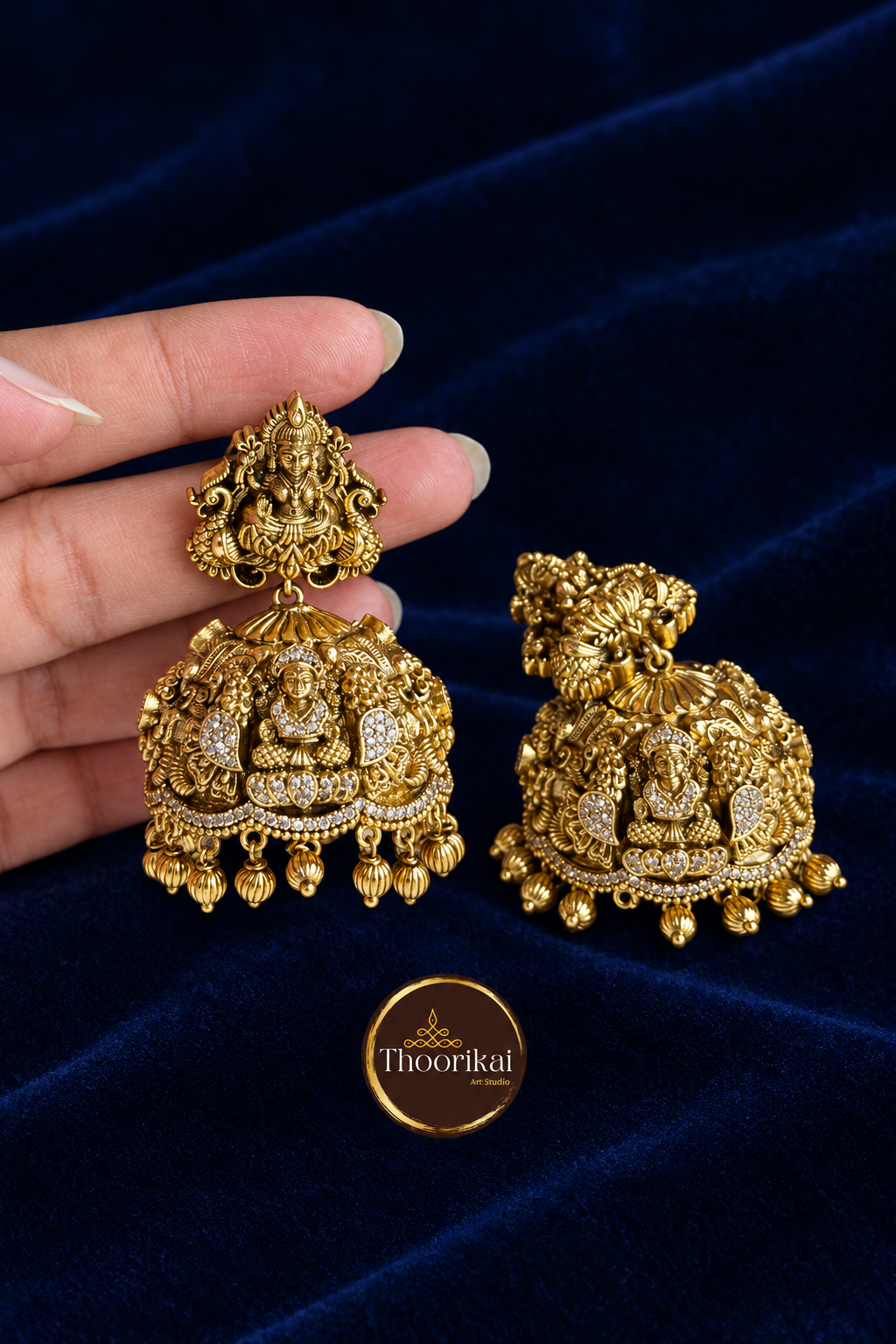 Antique Lakshmi with Peacock Jhumka on midnight blue