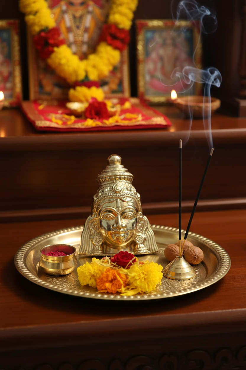 Brass Devi Mukha – Altar Setting