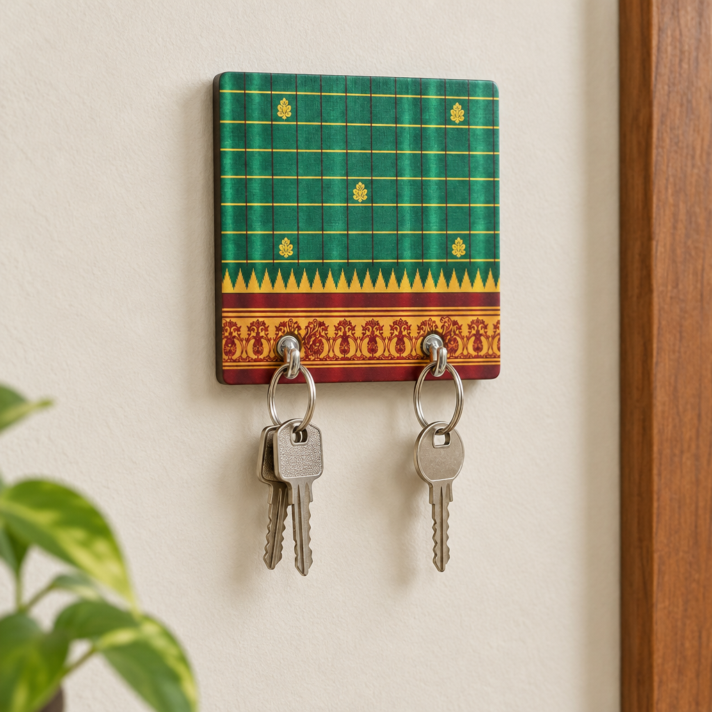 Compact green key holder with keys on a wall