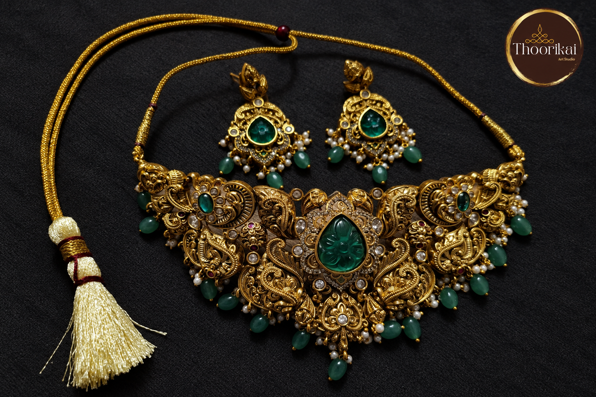Green Beads Necklace Set on charcoal