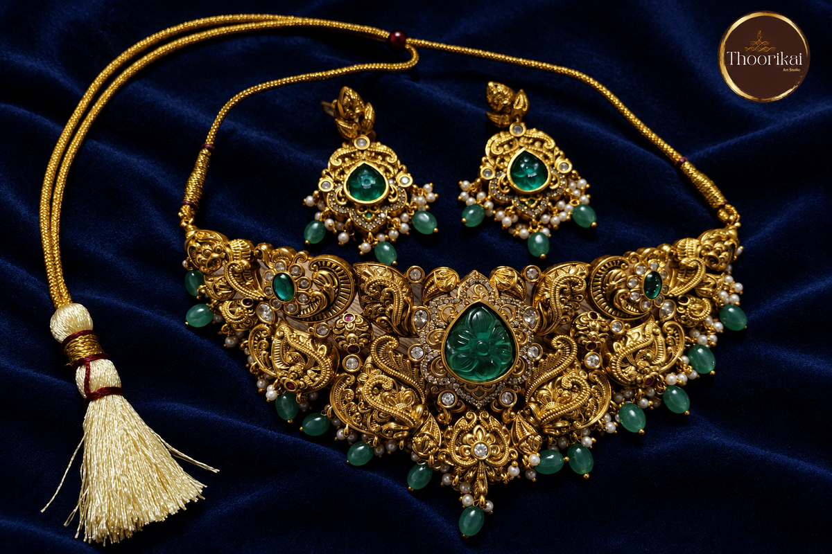Green Beads Necklace Set on midnight navy