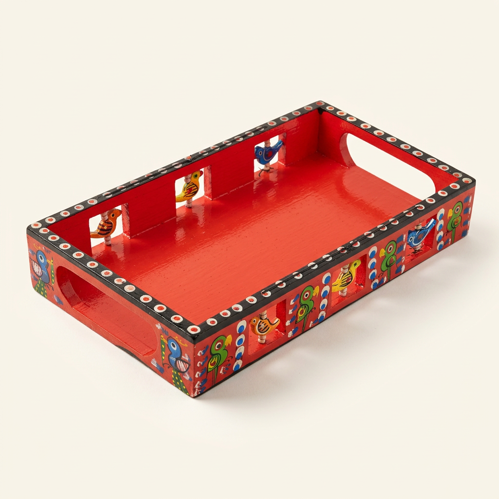 Red hand-painted wooden bird tray, three-quarter studio view