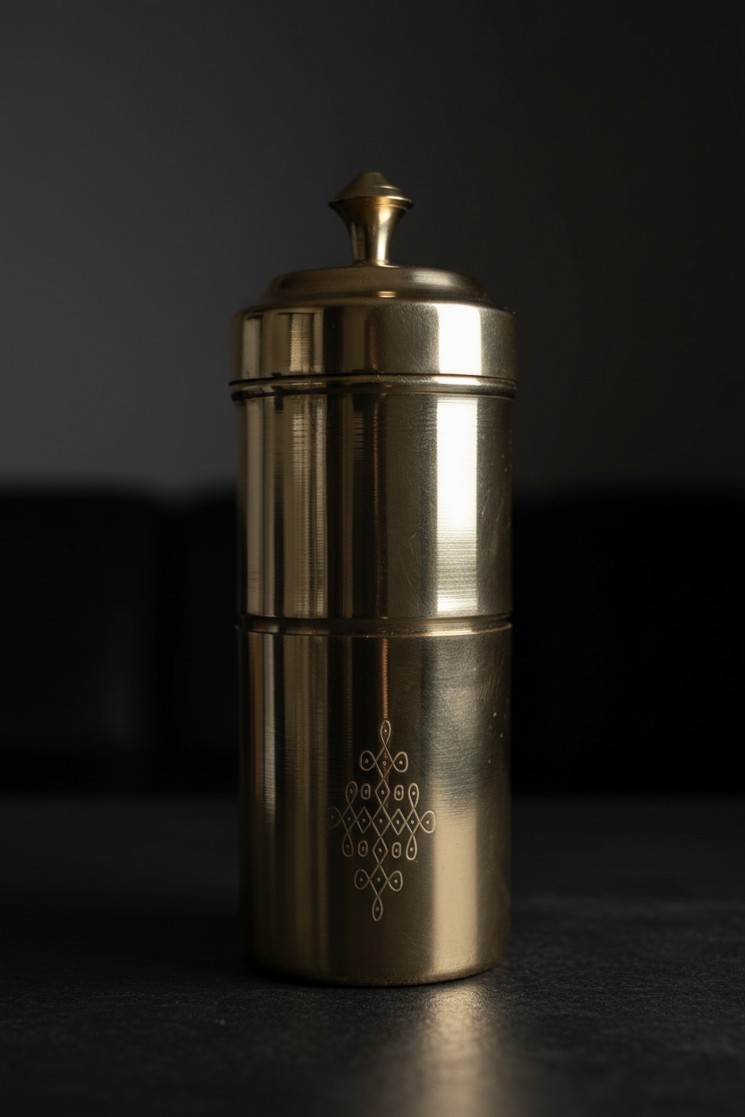 Close-up detail of kolam engravings on brass filter coffee maker