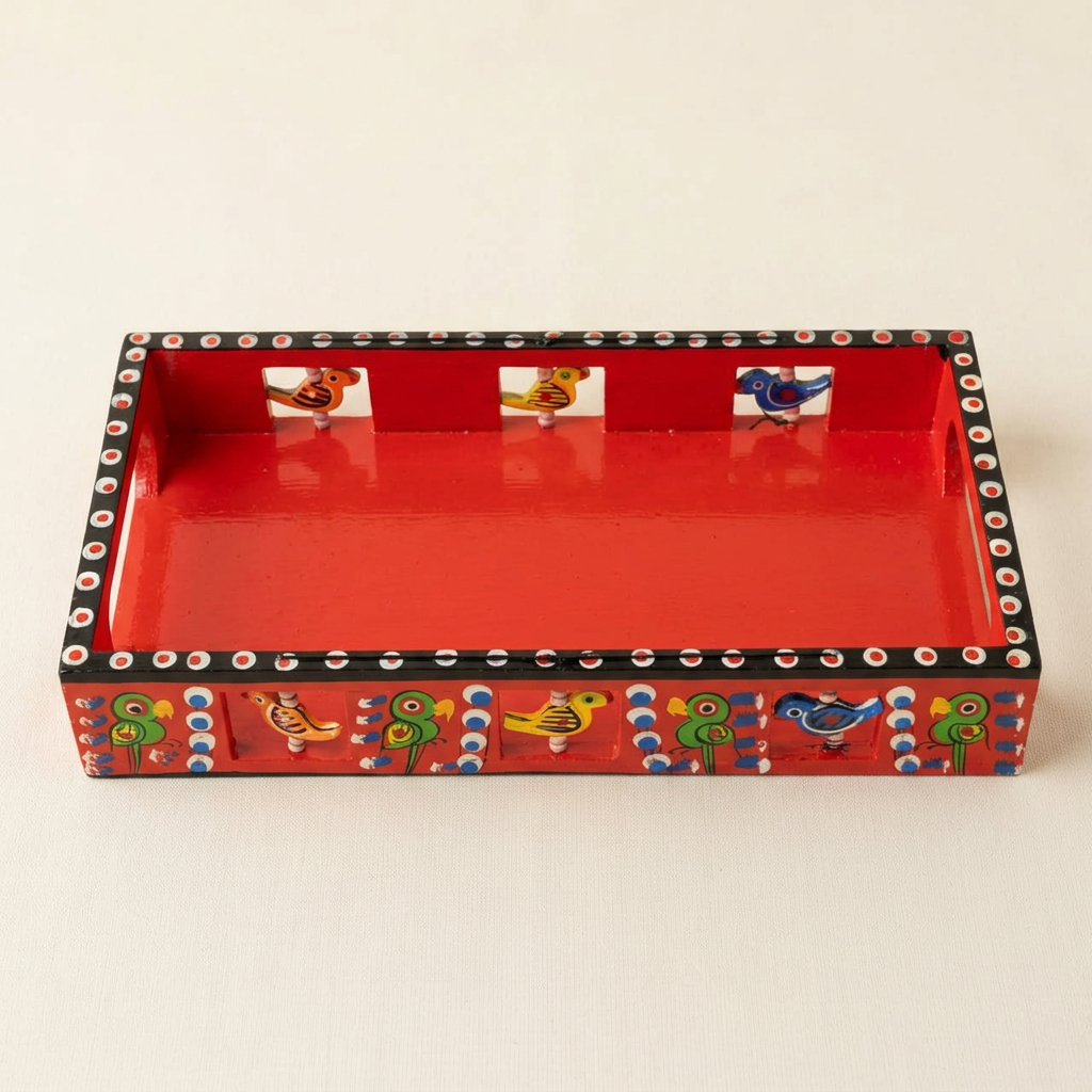 Overhead view of red wooden tray with dotted black border