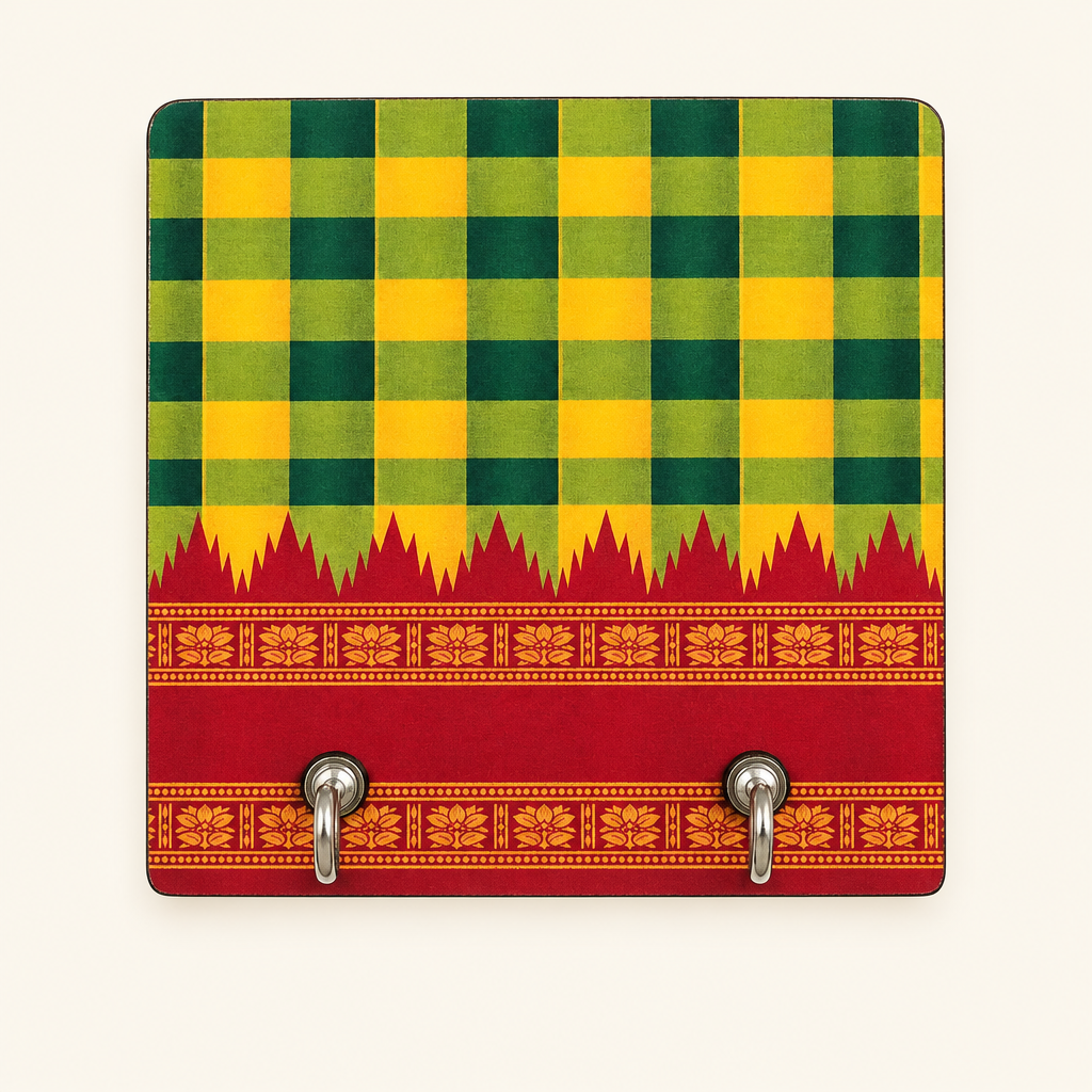 Green and yellow checks key holder with maroon floral border