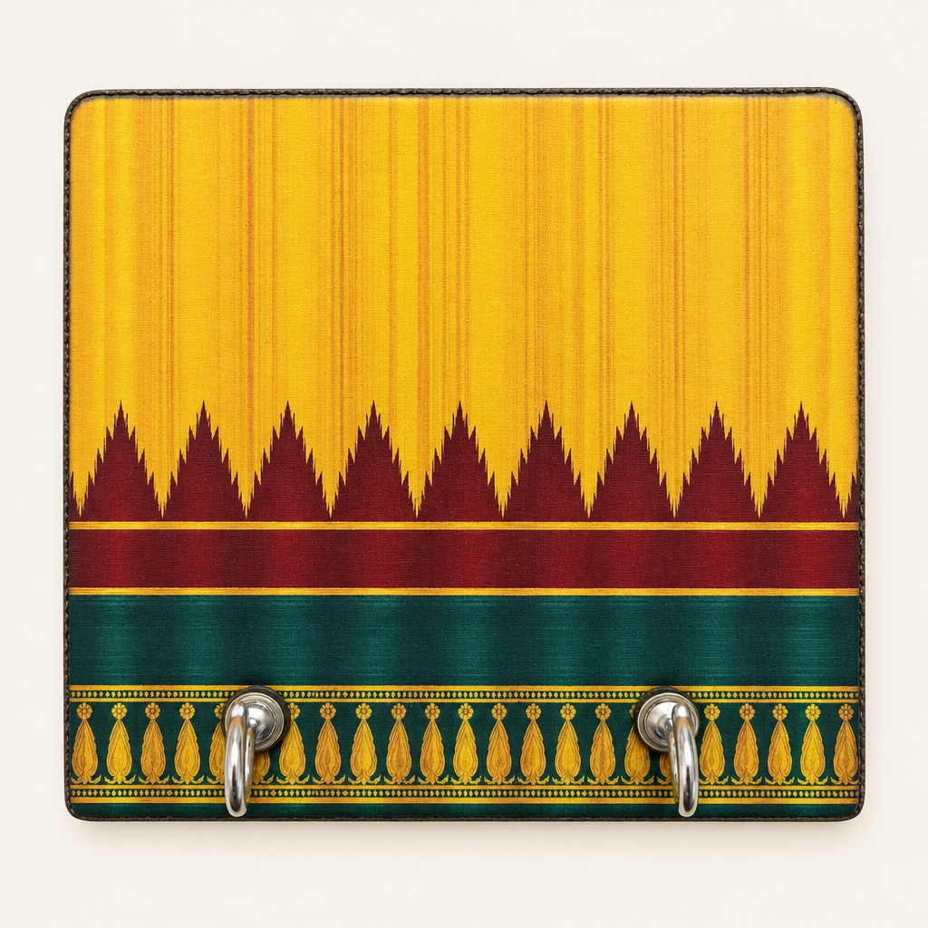 Yellow key holder with maroon temple pattern and green border