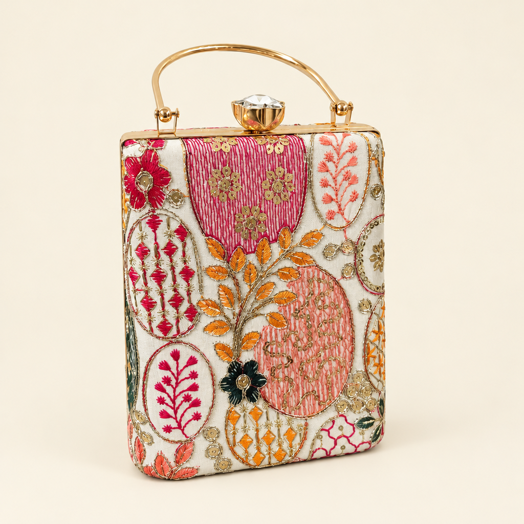 Light embroidered top-handle bag with pink and orange floral motifs