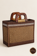 Three-quarter perspective of brown-gold woven market bag