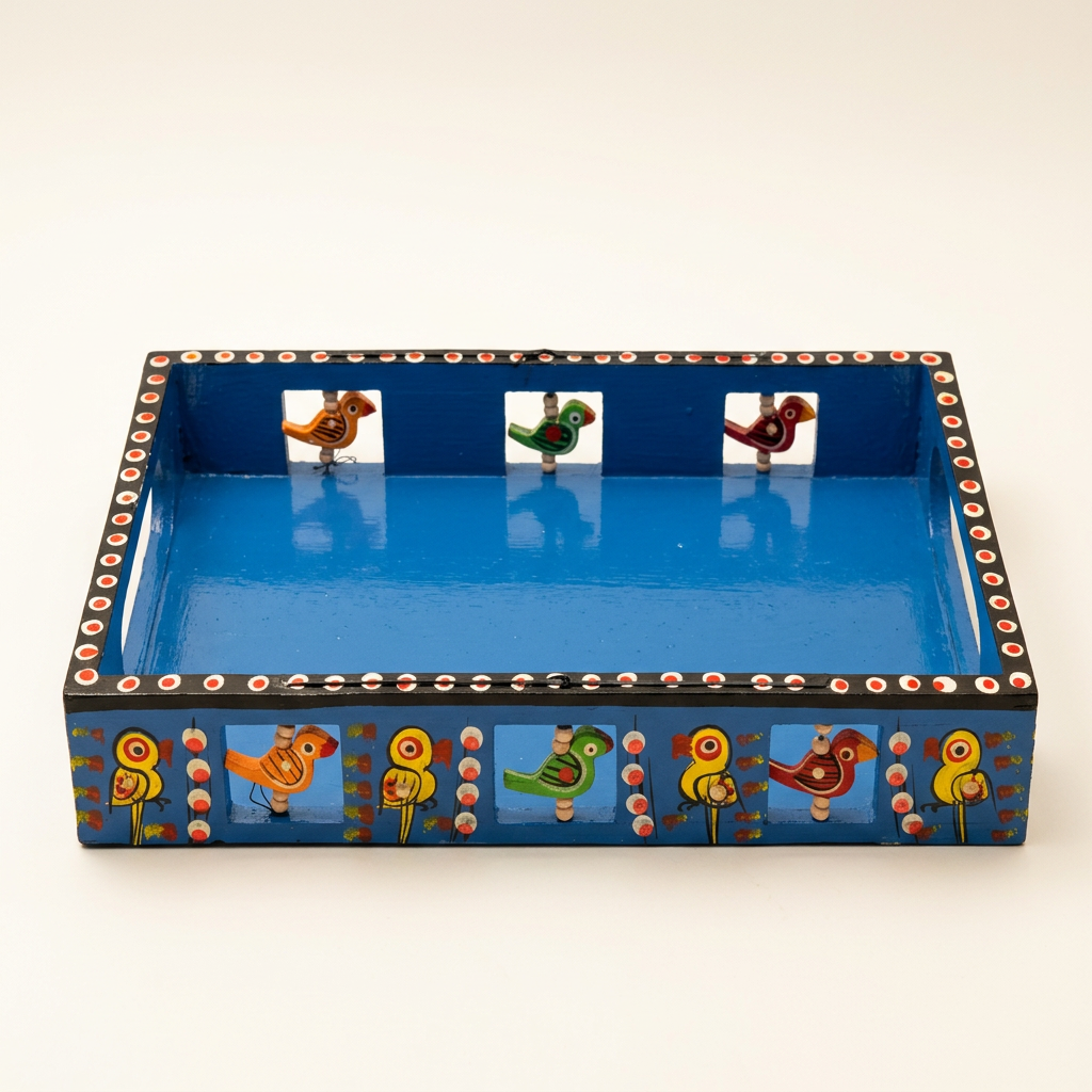 Blue wooden tray showing hand-painted bird motifs and cut-out handles