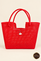 Front view of red handwoven tote bag with button detail