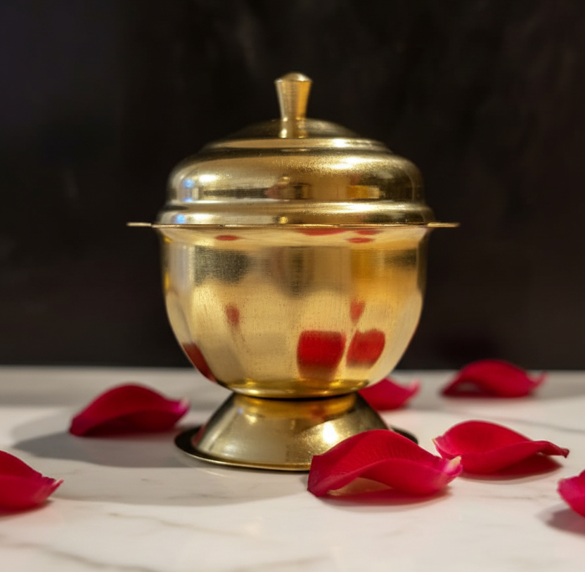 Kumkuma Bharani brass box on white marble with rose petals