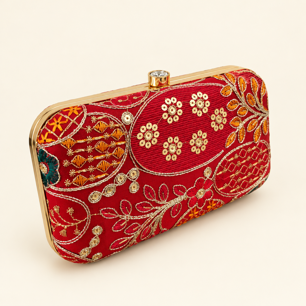 Red embroidered box clutch with gold-tone frame on an ivory background