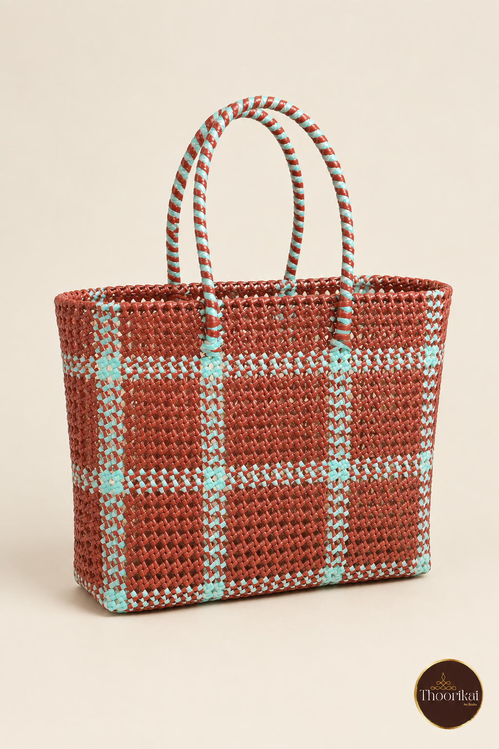 Three-quarter front perspective of Brown-Blue Kattam Madras style market bag