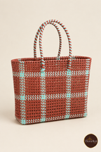 Three-quarter front perspective of Brown-Blue Kattam Madras style market bag