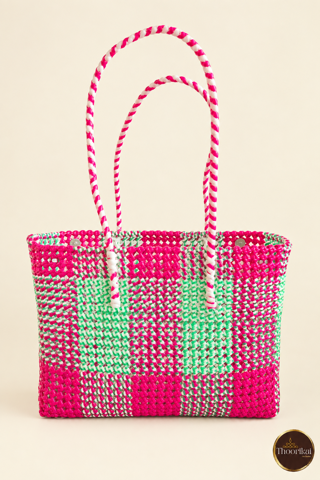Front view of Pink-Green Kattam Madras style market bag