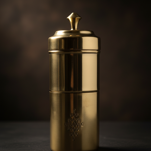 Close-up detail of kolam engravings on brass filter coffee maker