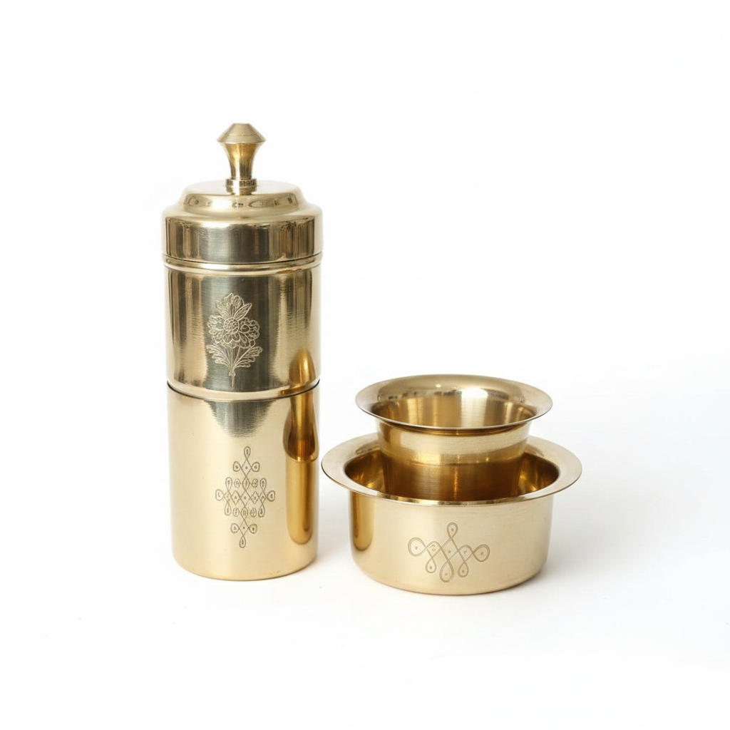 Brass filter coffee maker on white background