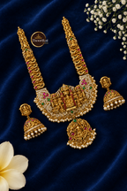 Antique Lakshmi necklace set with American Diamond and Kemp stones on dark blue fabric, with Thoorikai logo