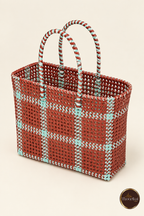 Elevated three-quarter view showing the open top of Brown-Blue Kattam Madras style market bag