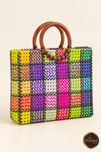 Elevated perspective of multicolour Madras style market bag with round handles