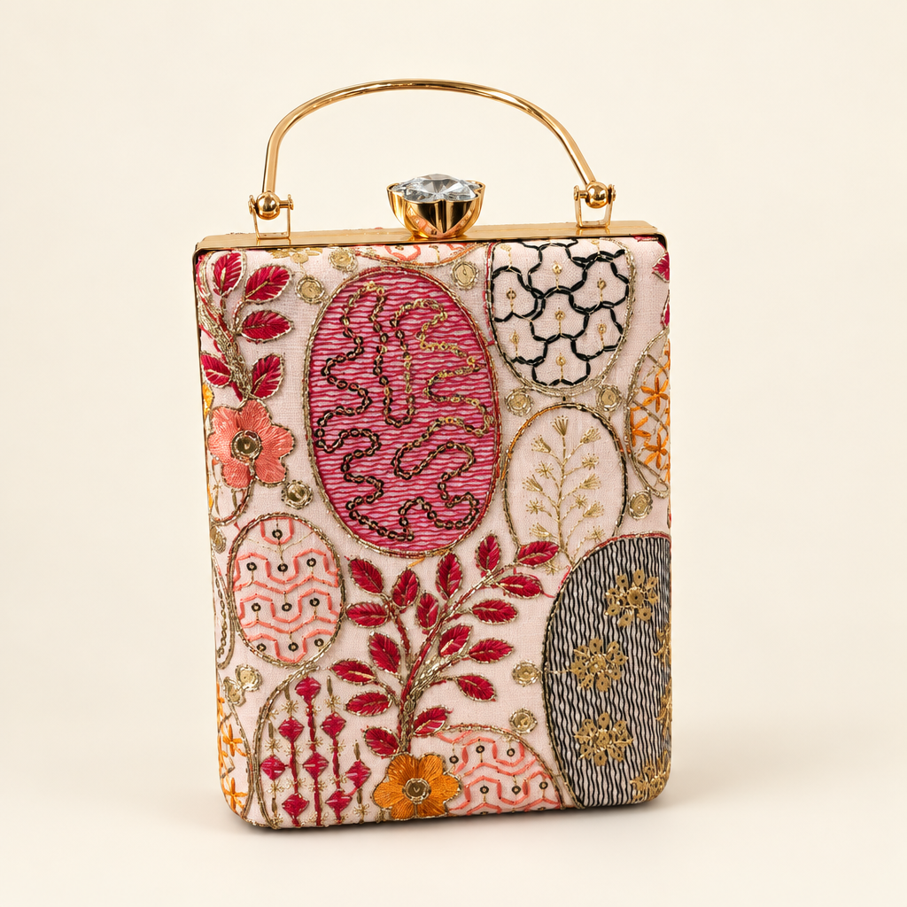 Light embroidered top-handle box bag with pink and black ornamental motifs