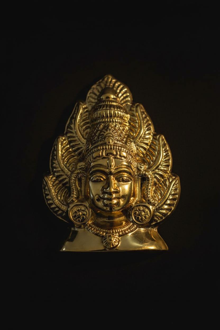 Murugan Mukham brass face mask on black background