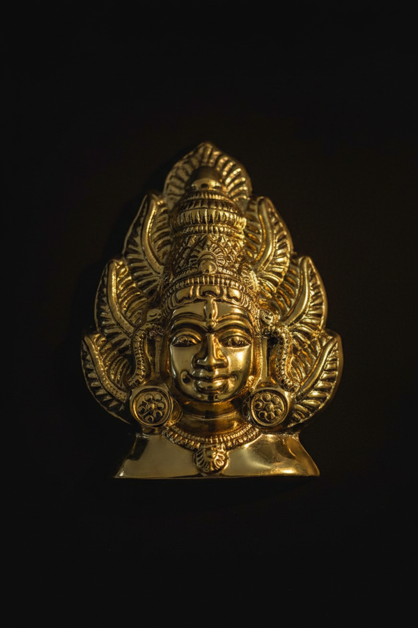 Murugan Mukham brass face mask on black background