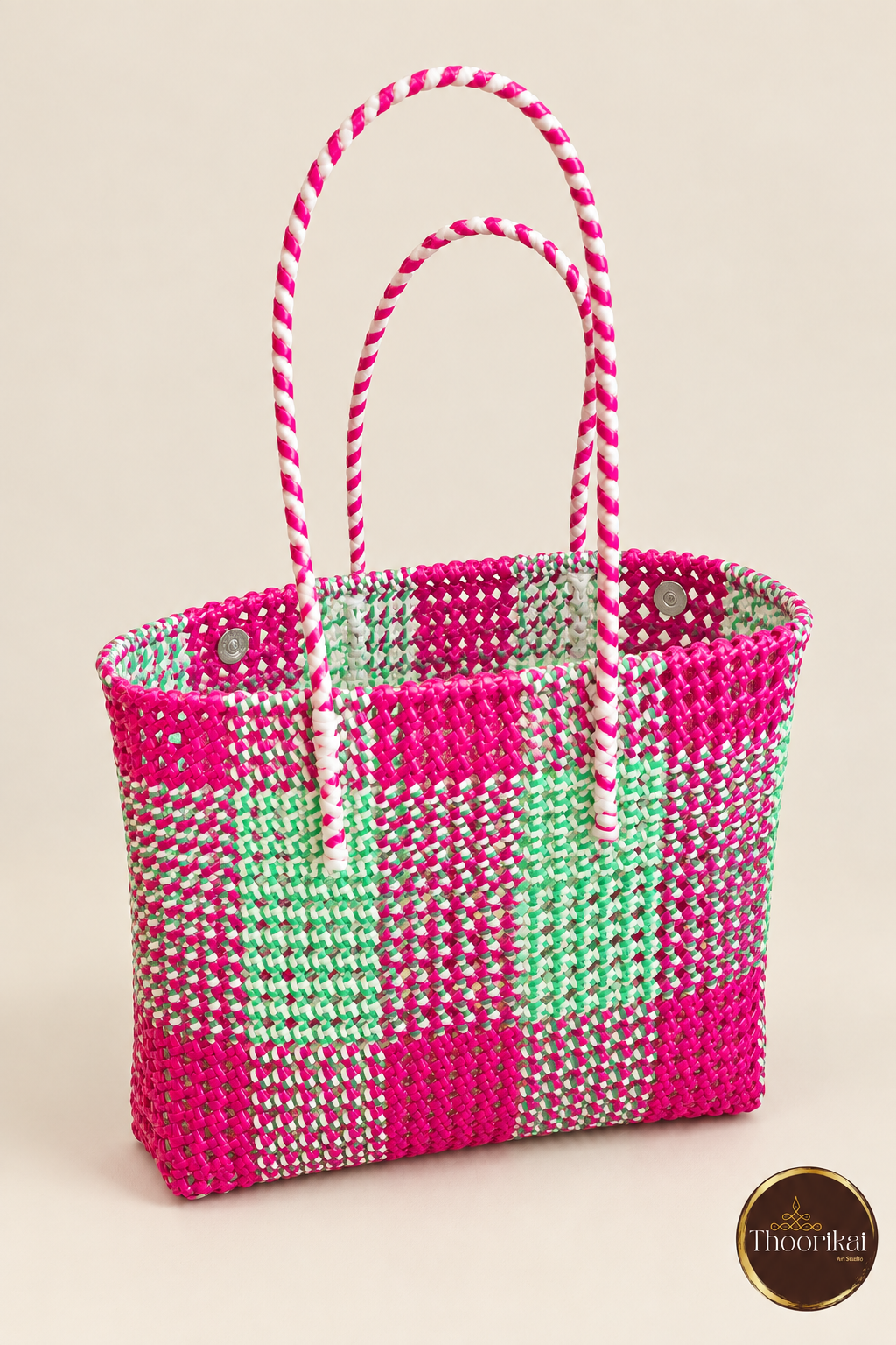Elevated open-top perspective of Pink-Green Kattam market bag