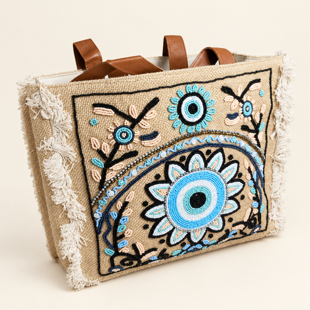 White Reef tote bag with blue and neutral beadwork
