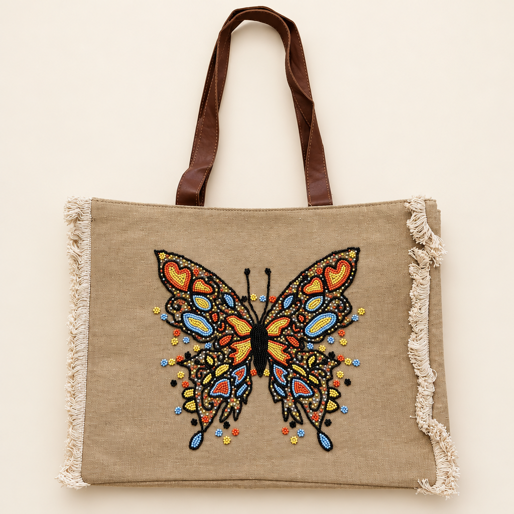 Butterfly beaded tote bag with fringe and brown shoulder handles