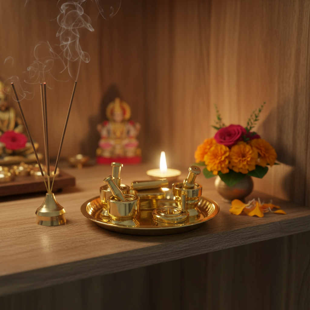 Brass puja thali set in lifestyle puja room setting