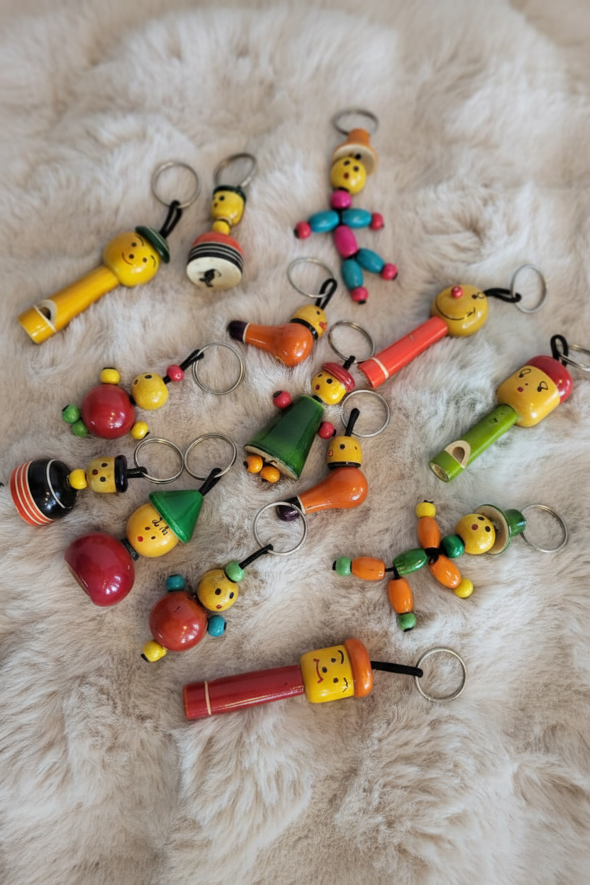 Channapatna wooden keychain close-up lifestyle photo