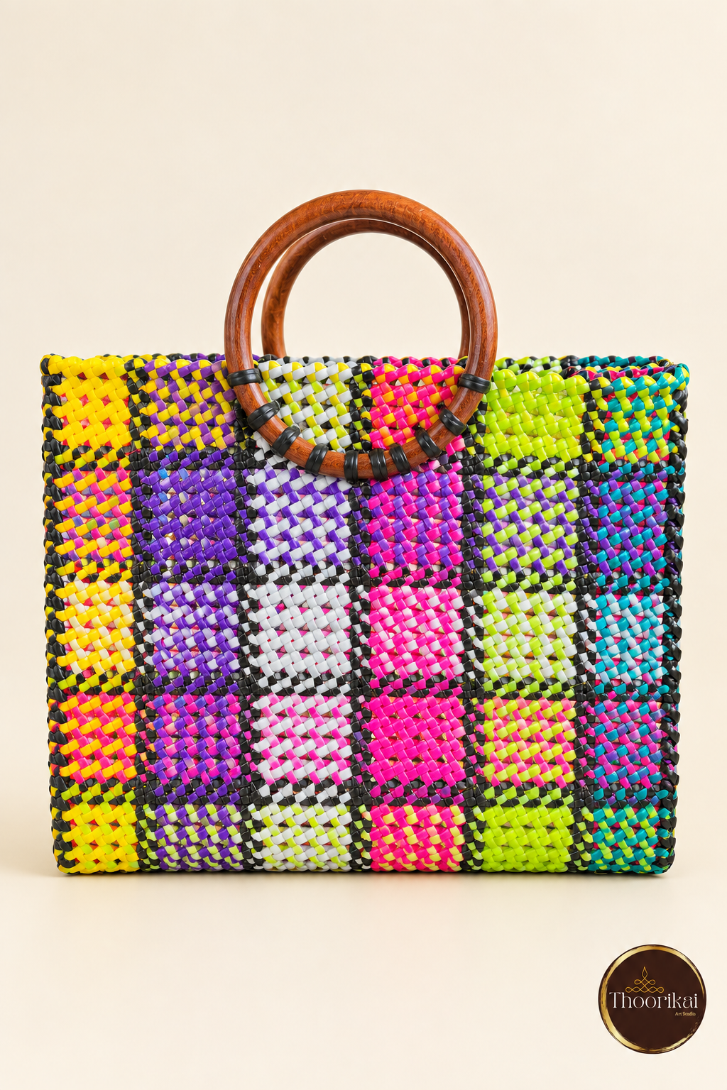 Front view of multicolour Kattam Madras style market bag with round handles