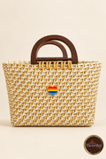 Front view of white-gold mini handbag with D-shaped wooden handles