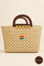 Front view of white-gold mini handbag with D-shaped wooden handles