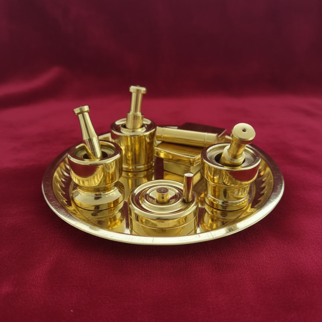 Brass puja thali set side profile on red velvet