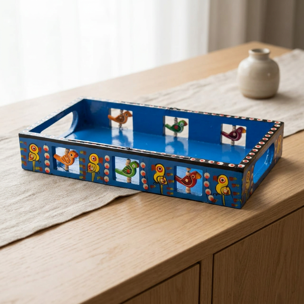 Blue hand-painted wooden bird tray styled on a light oak sideboard