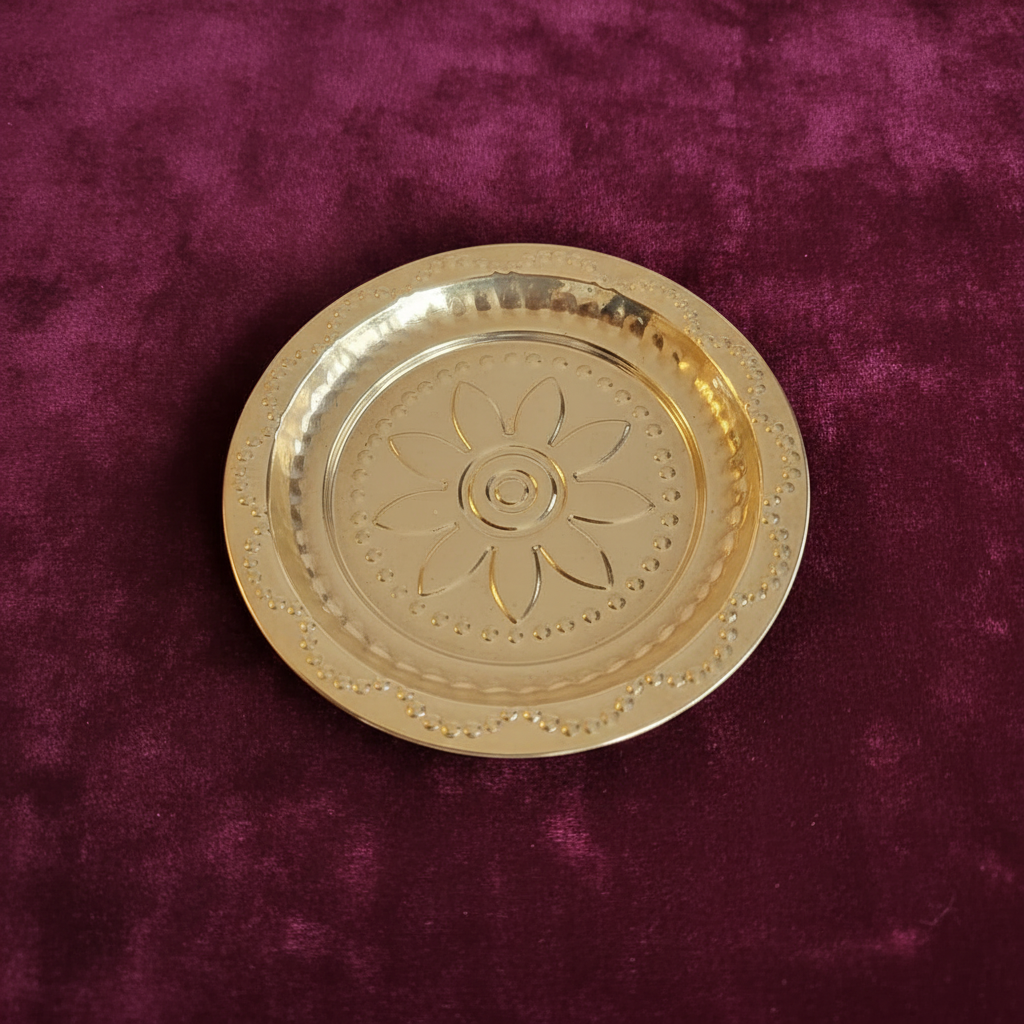 Brass puja thali – flat lay top view