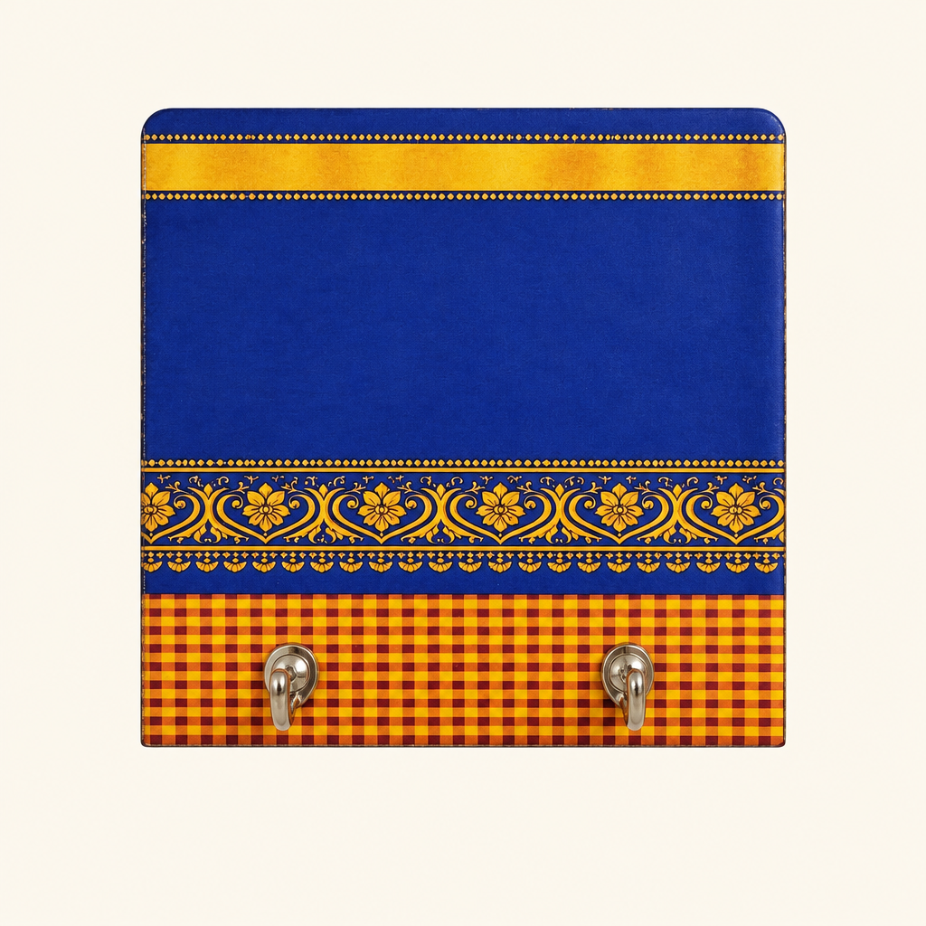 Blue floral border key holder with yellow and maroon small checks