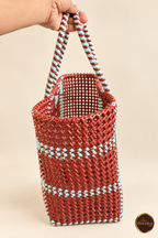 Side and open-top view of Brown-Blue Kattam Madras style market bag with Thoorikai logo